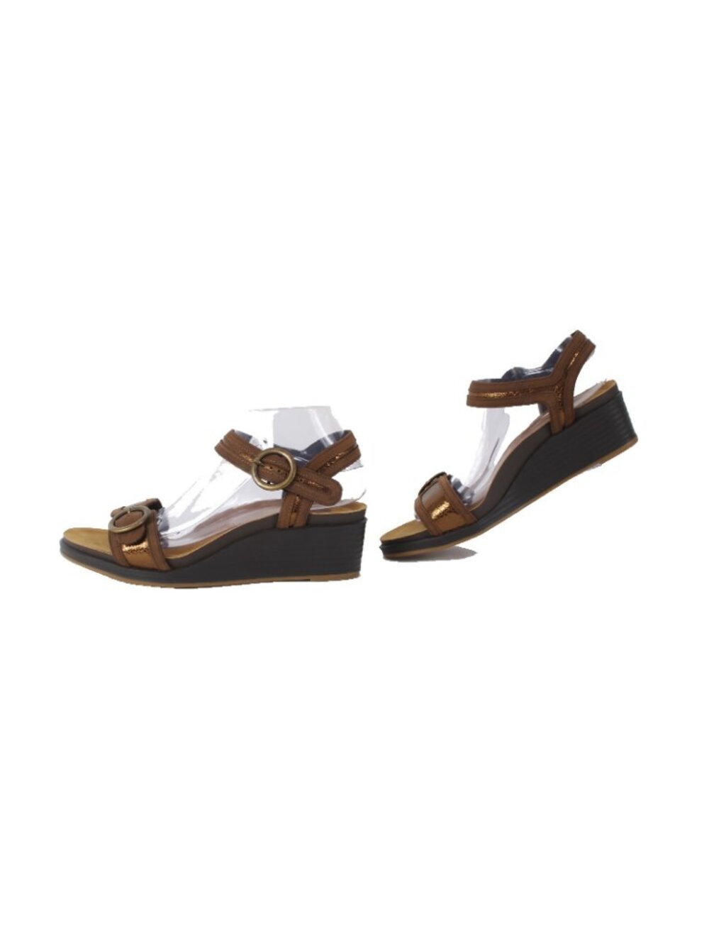 SAS Wedge Sandals Sz 9.5 W Brown Bronze Buckle Open Toe Leather 2" Wedge Sandal - Picture 4 of 10